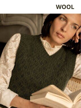 Army Green Openwork Wool Knit Gilet Sleeveless Top Small